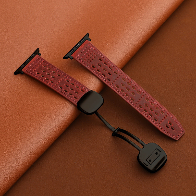 Leather Band for Apple Watch with Magnetic Clasp and Breathable Design