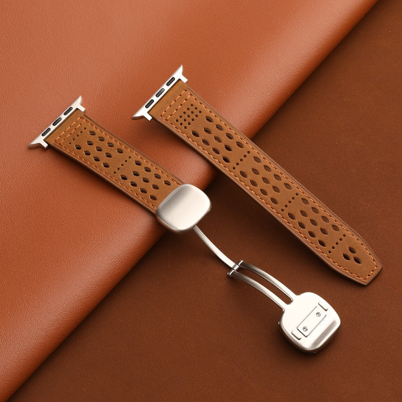 Leather Band for Apple Watch with Magnetic Clasp and Breathable Design