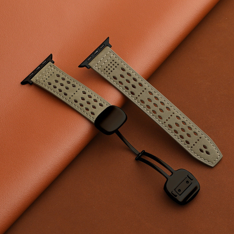 Leather Band for Apple Watch with Magnetic Clasp and Breathable Design
