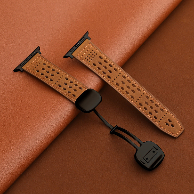 Leather Band for Apple Watch with Magnetic Clasp and Breathable Design